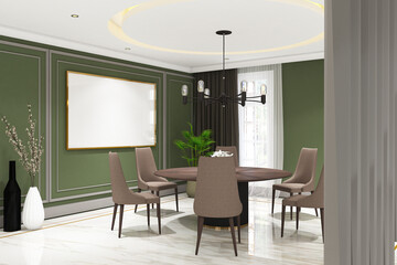 3d render of illustration interior design dining room of classic modern style with frame mock up. White marble floor, green wall and white ceiling. Set 101