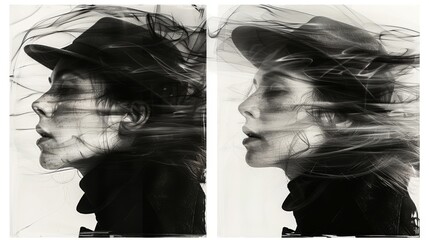 A striking black and white portrait of a woman with her hair dramatically blown by the wind, eyes closed in serene expression. Captures beauty, movement, and emotion in a timeless style.