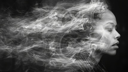 A striking black and white portrait of a woman with her hair dramatically blown by the wind, eyes closed in serene expression. Captures beauty, movement, and emotion in a timeless style.