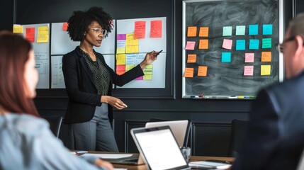A confident businesswoman pointing at a whiteboard during a strategy meeting, with team members collaborating in the background. Ideal for themes of leadership, teamwork, and business strategy.