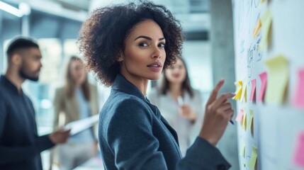 A confident businesswoman pointing at a whiteboard during a strategy meeting, with team members collaborating in the background. Ideal for themes of leadership, teamwork, and business strategy.