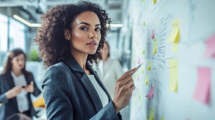 A confident businesswoman pointing at a whiteboard during a strategy meeting, with team members collaborating in the background. Ideal for themes of leadership, teamwork, and business strategy.