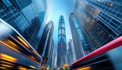 Obraz premium Dynamic cityscape showcasing towering skyscrapers amidst vibrant urban movement and modern architecture.
