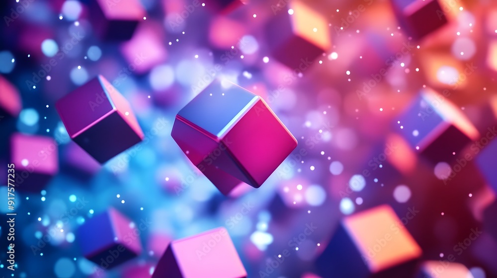 Poster Vibrant Floating 3D Cubes in Dynamic Futuristic Abstract Space Backdrop