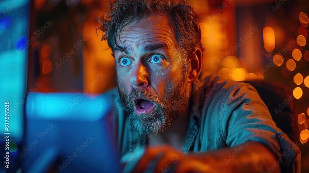 Poster man looking at a computer screen with surprise