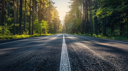 Fototapeta premium A Straight Road Through a Sunlit Forest