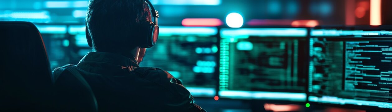 A focused professional working on multiple screens in a dark, high-tech environment, emphasizing cybersecurity and technology.