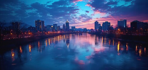 Fototapeta premium A stunning sunset view over a city skyline, reflecting on calm waters, creating a picturesque urban landscape.