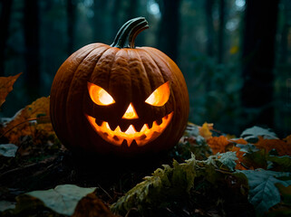 Fototapeta premium A pumpkin with an intricate design, sitting in a blurry Halloween forest with glowing eyes peeking through the trees.