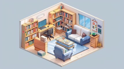 A well-organized home office featuring bookshelves filled with books, a comfortable seating area, and a computer desk. Ideal for productivity and relaxation in a cozy setting.