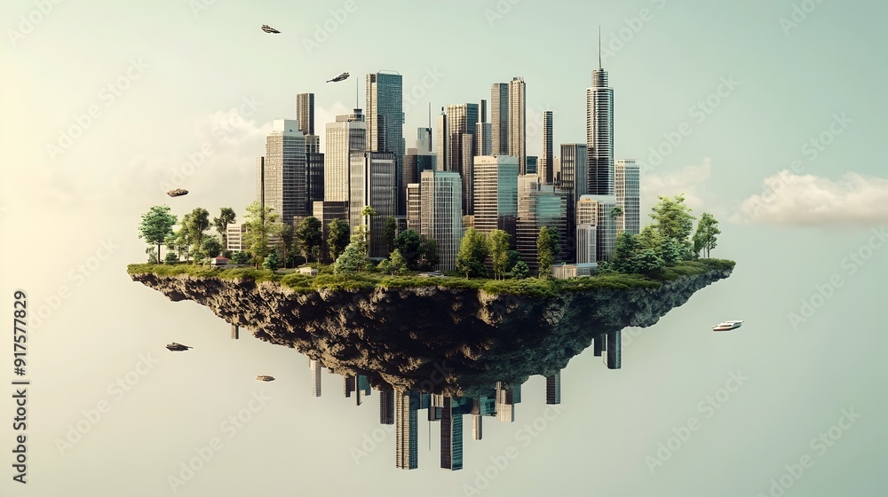 Poster futuristic floating cityscape with imaginative 3d architectural design