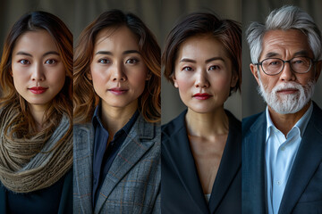 Fototapeta premium Diverse faces, 35 years old, styled as business people, with chinese, malay, indian and caucasian faces in that order.generative ai