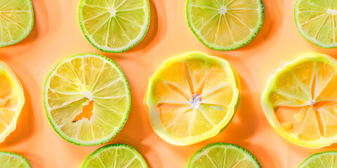 Fototapeta premium Seamless Abstract Colorful Flat Lay of Different Cut Lime, Citrus Fruits Slices, and Jellies Arranged in a Pattern Print for Textile, Packaging, Banner, Decor, Wrap, Fashion, Accessories, Web, Social.