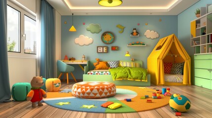 A colorful children's playroom featuring a cozy bed, playful tent, and a variety of toys. Bright and cheerful space with creative wall decor, perfect for imaginative play.
