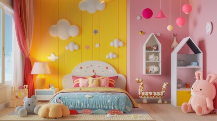 A brightly lit pink-themed bedroom for a young girl, featuring a comfortable bed, study desk, and playful decor, bathed in natural sunlight from a large window.