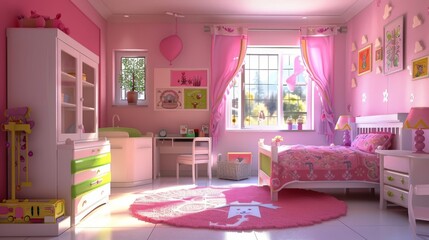 A brightly lit pink-themed bedroom for a young girl, featuring a comfortable bed, study desk, and playful decor, bathed in natural sunlight from a large window.