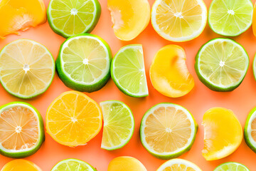 Seamless Abstract Colorful Flat Lay of Different Cut Lime, Citrus Fruits Slices, and Jellies Arranged in a Pattern Print for Textile, Packaging, Banner, Decor, Wrap, Fashion, Accessories, Web, Social.
