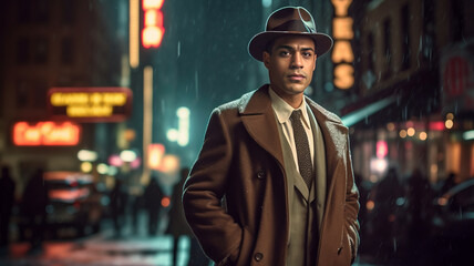 Obraz premium a vintage Hollywood gangster on a dimly lit New York street.generative ai