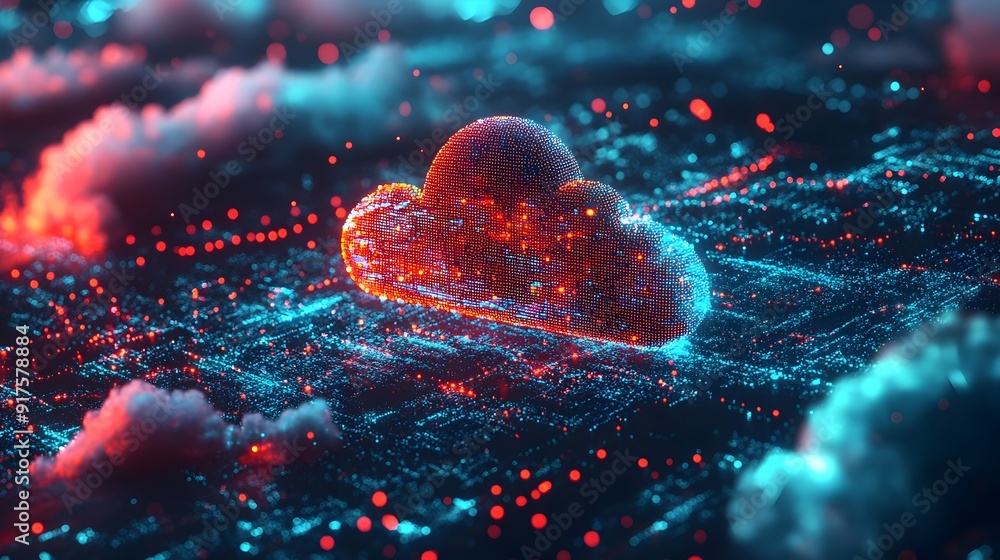 Poster futuristic 3d cloud computing landscape with vibrant digital nodes and technological theme