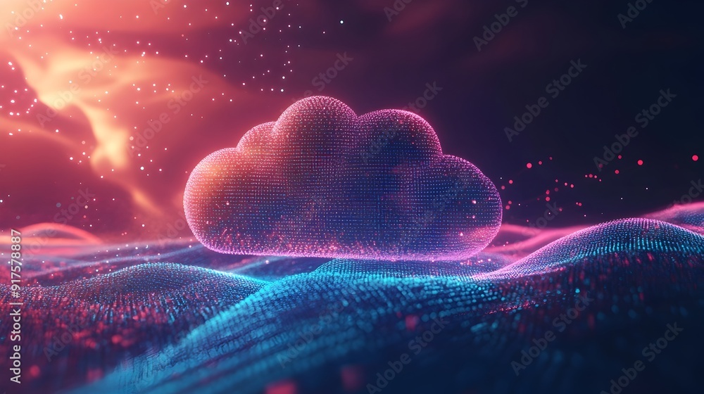 Poster vibrant conceptual 3d cloud computing landscape with digital nodes and futuristic technology
