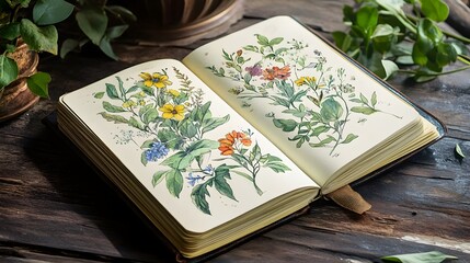 Vibrant Botanical in Rustic Notebook on Vintage Table