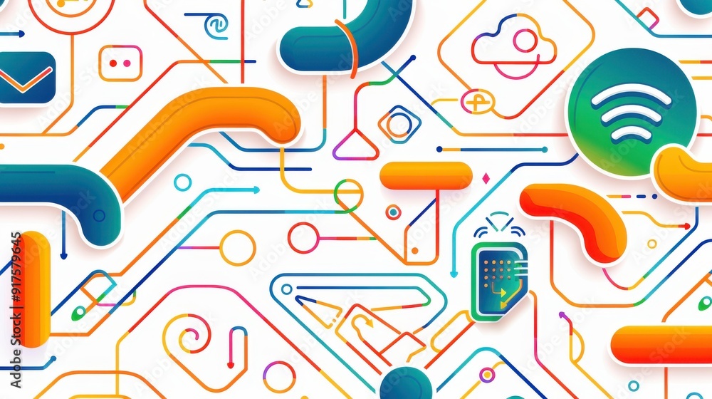 Poster a stylish beige abstract background featuring tech devices and icons in a sleek, thin line interface