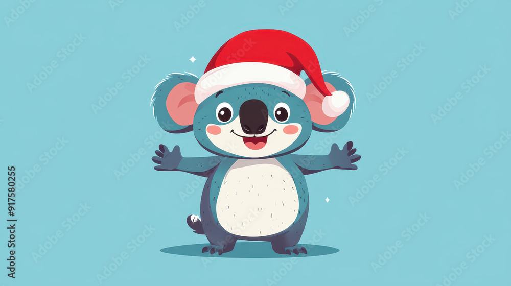 Sticker A cute koala dons a festive Santa hat, spreading Christmas cheer on a cozy eve in a vibrant, textured illustration.