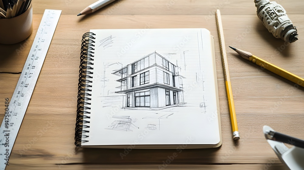 Poster architect's desk with notebook,sketches,and drafting tools