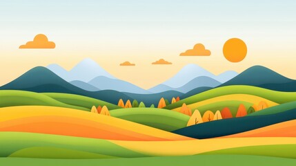 Obraz premium Experience the vibrant hues of autumn in a modern cartoonstyle micro landscape of lush rice fields.