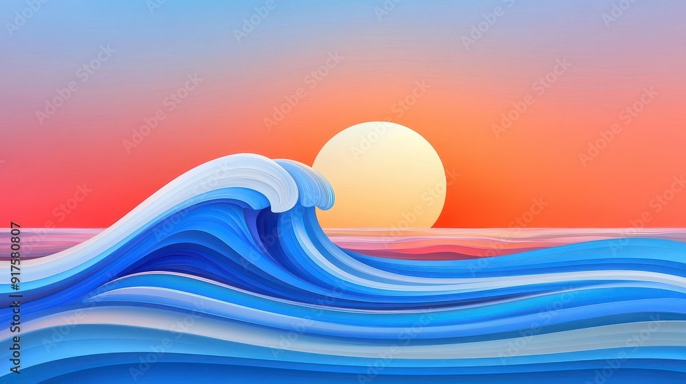 Sticker Experience the serene beauty of sunset waves, blending warm hues with textured ocean depths in a modern art style.