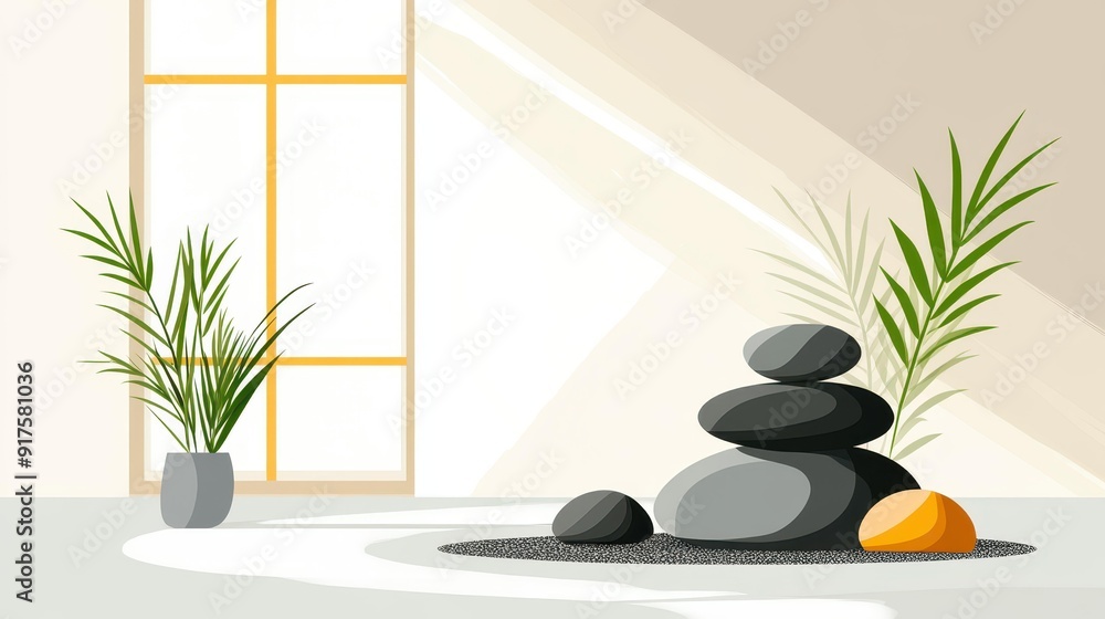 Poster Create a peaceful escape with this minimalist Zen rock garden, showcasing raked gravel and elegant stone placements.