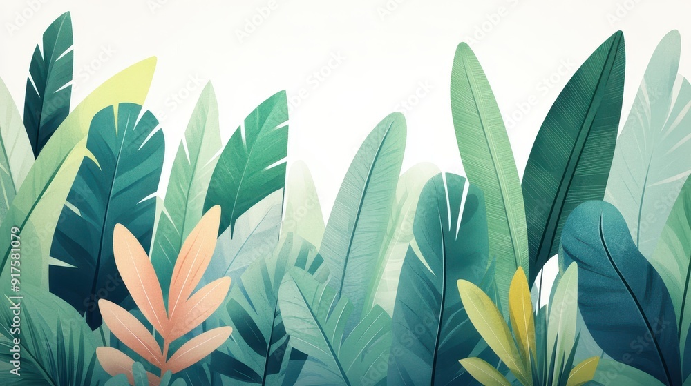 Wall mural Lush green leaves create a vibrant tropical backdrop in a modern watercolor style, capturing the essence of nature.