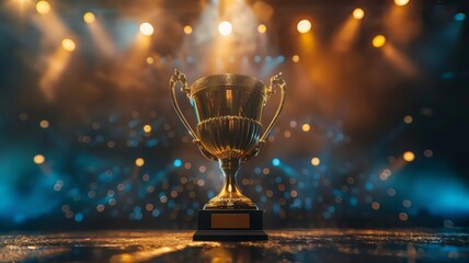 Golden Trophy on a Stage with Lights