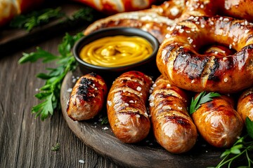 Fototapeta premium Plate of Grilled Sausages and Pretzels with Mustard