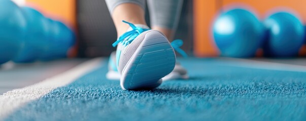 Close-up of a foot in stylish athletic shoe, stepping on vibrant gym floor with exercise equipment in background.