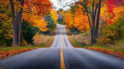 Obraz premium Serene Autumn Country Road Framed by Vibrant Foliage,Peaceful Scenic Travel Journey