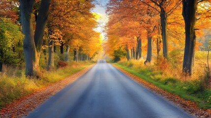 Obraz premium Serene Autumn Country Road Lined with Vibrant Fall Foliage for Scenic Travel Journey