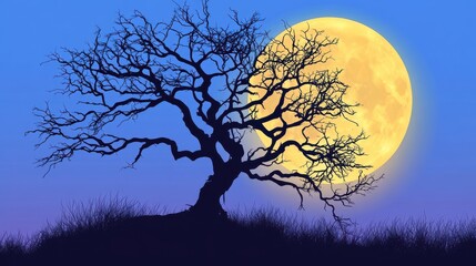 Silhouette of a Tree Against a Full Moon: Capture the stark, intricate silhouette of a bare tree with its branches spread wide against the backdrop of a bright, full moon on a clear night.