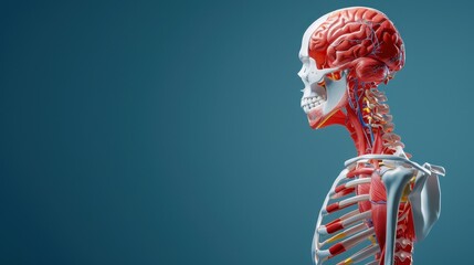 Realistic anatomical model showcasing human brain and skeletal structure in detailed view for educational use.