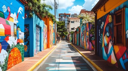 Fototapeta premium Vibrant Mural-Lined Urban Road Invites Exploratory Journey Through Colorful Cityscape