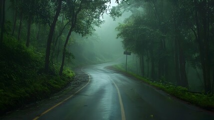 Fototapeta premium Misty Forest Road - Mysterious Journey Through Nature's Serene Landscape