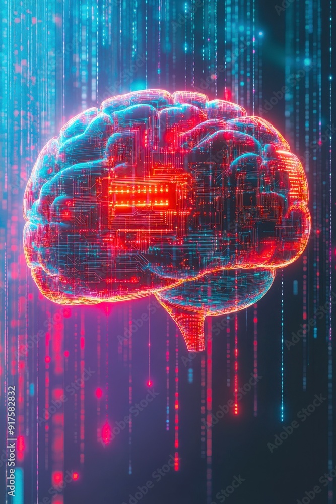 Aufkleber a futuristic brain illustration with digital elements representing technology and artificial intelli