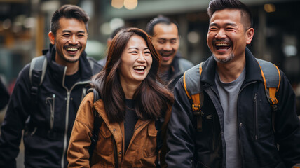 Fototapeta premium Candid happy group of worker happy and laugh white Refinery oil industry background ,generative ai