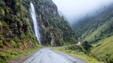 Naklejka premium Winding Mountain Road with Cascading Waterfall Vistas - Scenic Adventure Travel through Nature's