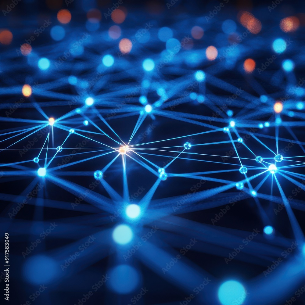 Poster abstract network connections illuminated in blue, representing data transmission and digital communi