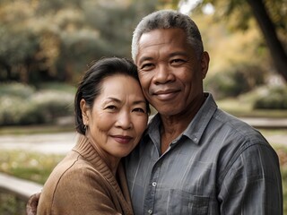 Fototapeta premium Portrait of a couple of black man from Africa and white woman from Asia, individuals of different races