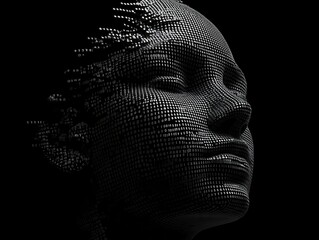 Abstract portrait of a woman with a textured surface, showcasing a blend of technology and art in a dark environment.