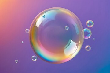 Large iridescent soap bubble with smaller bubbles on a purple and pink background.