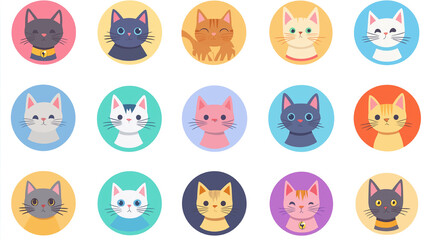 キュートな猫アイコンセット - 全15種類！カラフルでポップなデザインでSNSやブログに最適