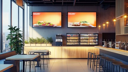 Blank mock up for menu board display screen, for restaurant cafe food business. Warm cozy atmosphere